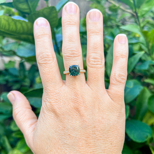 Australian Cushion Cut Teal Parti Sapphire and Diamond Ring in Yellow Gold and Platinum by World Treasure Designs