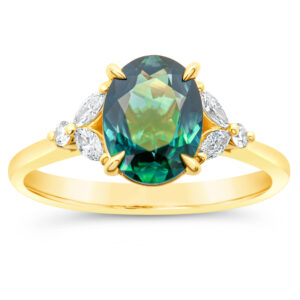 Australian Green Blue Parti Sapphire Ring with Marquise Diamonds and Round Diamonds in Yellow Gold by World Treasure Designs