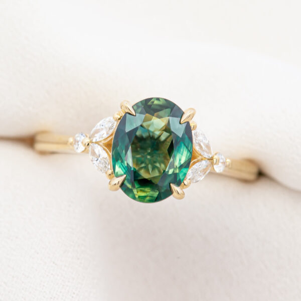 Australian Green Blue Parti Sapphire Ring with Four Marquise and Two Round Diamonds in Yellow Gold by World Treasure Designs