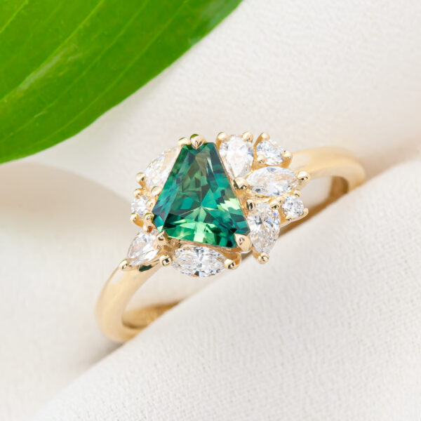 Australian Green Parti Sapphire and Diamond Cluster Ring in Yellow Gold by World Treasure Designs