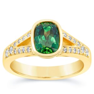 Australian Long Cushion Cut Green Parti Sapphire Ring with Split Shank Diamond Band in Yellow Gold by World Treasure Designs