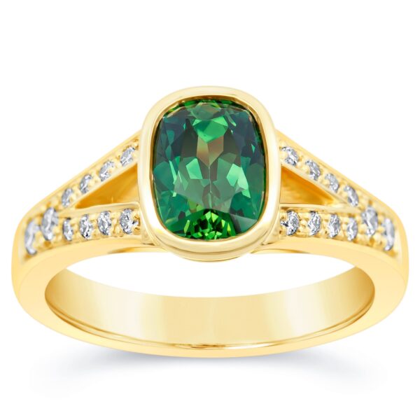 Australian Long Cushion Cut Green Parti Sapphire Ring with Split Shank Diamond Band in Yellow Gold by World Treasure Designs