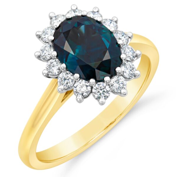 Australian Oval Blue Parti Sapphire and Diamond Halo Ring in Yellow and White Gold by World Treasure Designs