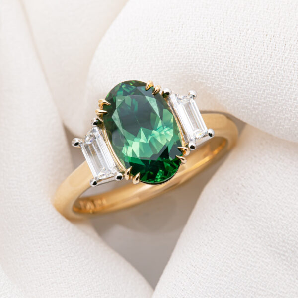Australian Oval Green Teal Parti Sapphire and Diamond Ring in Yellow Gold and Platinum By World Treasure Designs