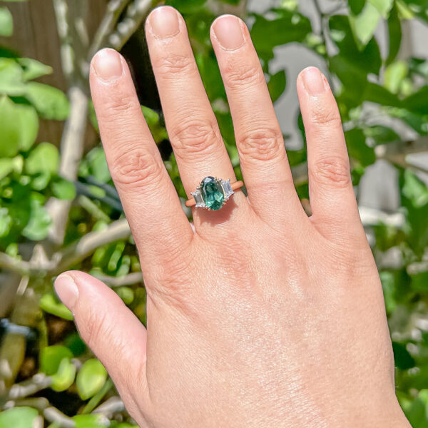 Australian Oval Teal Green Parti Sapphire Diamond Ring in Yellow Gold and Platinum By World Treasure Designs