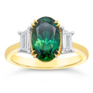 Australian Oval Teal Green Parti Sapphire Ring in Yellow Gold and Platinum By World Treasure Designs