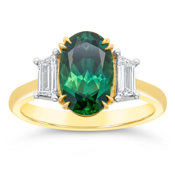 Australian Oval Teal Green Parti Sapphire Ring in Yellow Gold and Platinum By World Treasure Designs