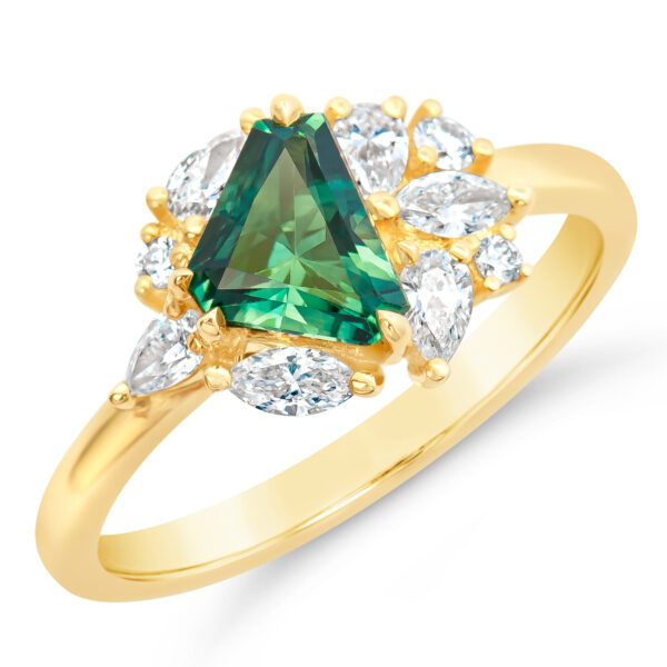 Australian Tri Cut Mint Green Parti Sapphire Ring with Marquise, Pear, and Round Cut Diamonds in Yellow Gold by World Treasure Designs