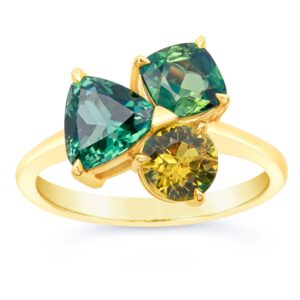Australian Yellow Sapphire, Green Sapphire, and Teal Parti Sapphire Cluster Ring in Yellow Gold by World Treasure Designs