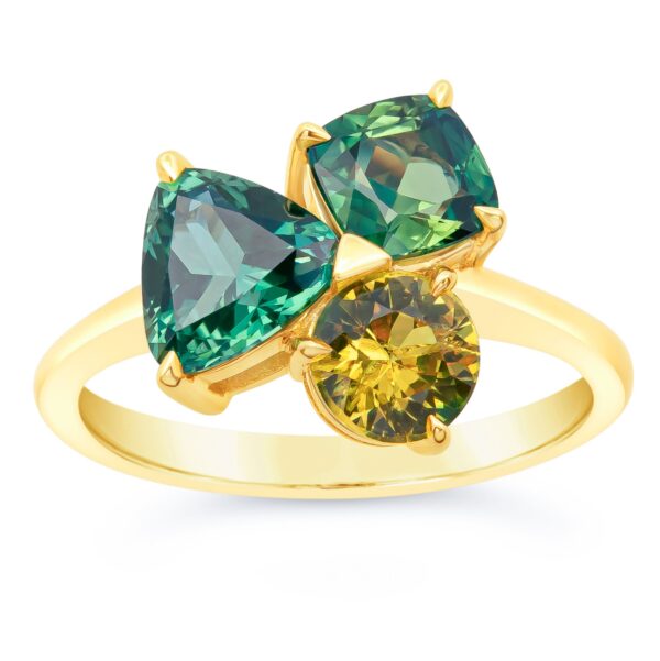 Australian Yellow Sapphire, Green Sapphire, and Teal Parti Sapphire Cluster Ring in Yellow Gold by World Treasure Designs