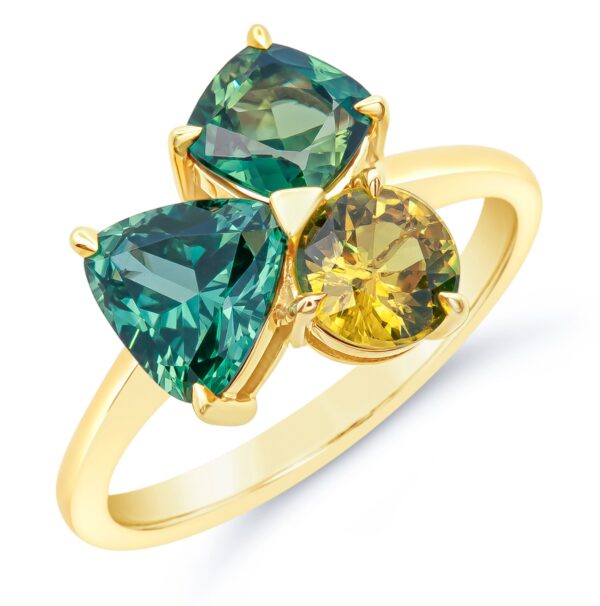 Cluster Ring with Australian Teal Sapphire, Yellow Sapphire, and Green Sapphires on Yellow Gold band by World Treasure Designs