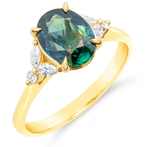 Diamond and Australian Green Blue Parti Sapphire Ring in Yellow Gold by World Treasure Designs