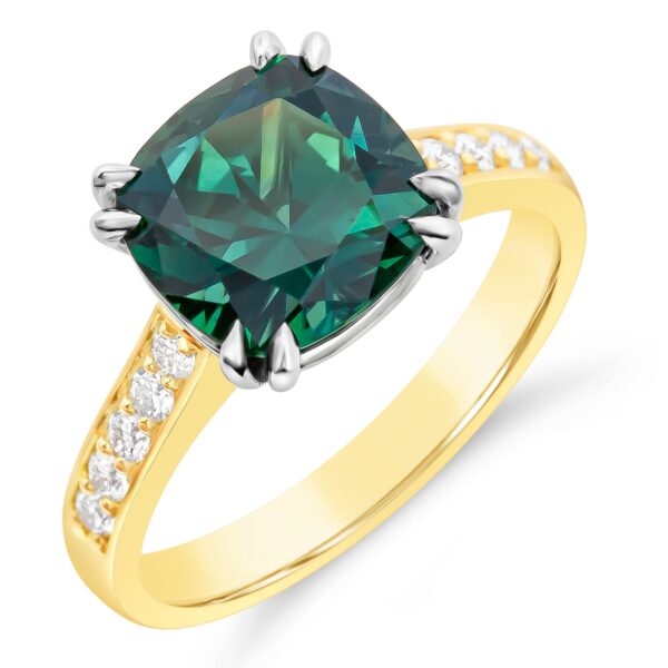 Large Cushion Cut Australian Teal Green Parti Sapphire Diamond Ring in Platinum and Yellow Gold by World Treasure Designs