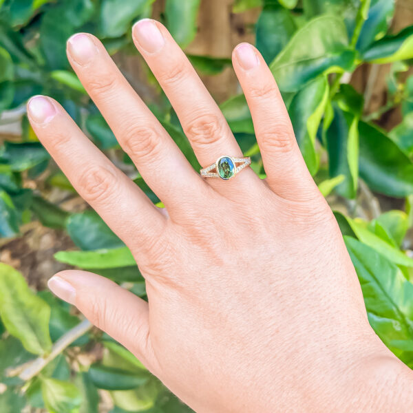Long Cushion Australian Green Parti Sapphire and Diamond Ring in Yellow Gold by World Treasure Designs