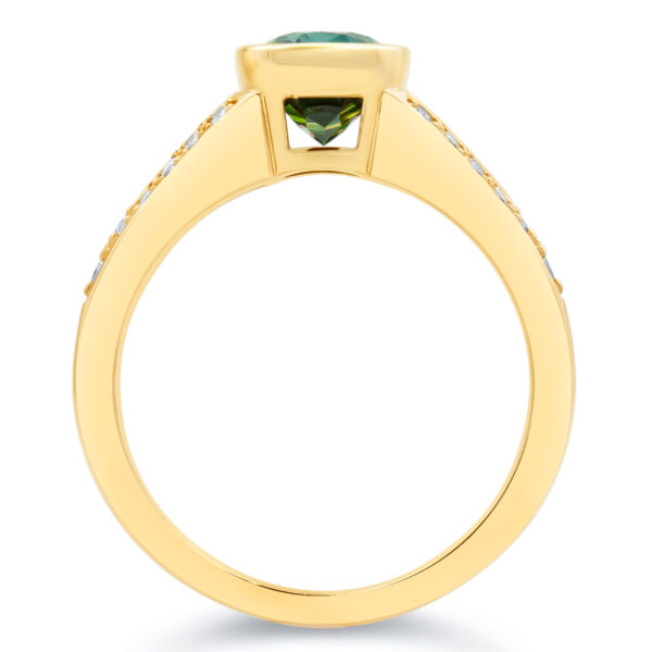 Long Cushion Cut Australian Green Parti Sapphire Ring with Split Shank Diamonds on Band in Yellow Gold by World Treasure Designs