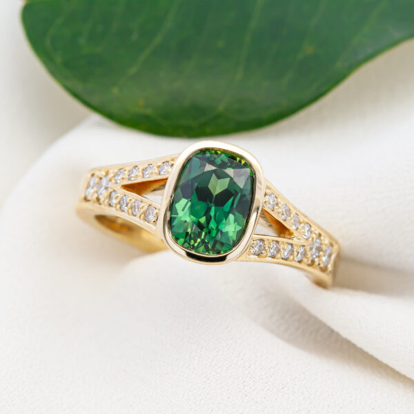 Long Cushion Cut Australian Green Parti Sapphire and Diamond Ring in Yellow Gold by World Treasure Designs