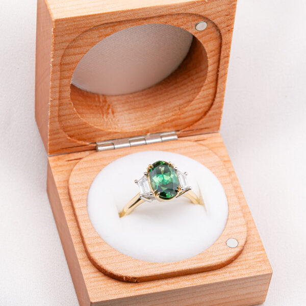 Oval Australian Teal Green Parti Sapphire and Diamond Ring in Yellow Gold and Platinum By World Treasure Designs