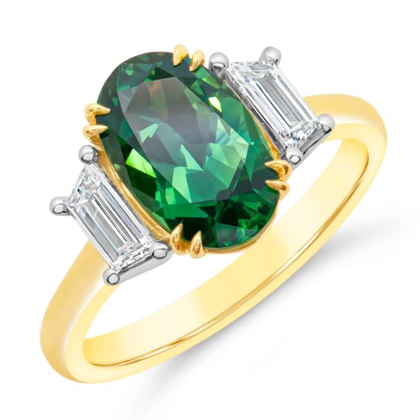 Oval Australian Green Teal Parti Sapphire Ring with Trapezoid Diamonds in Yellow Gold and Platinum By World Treasure Designs