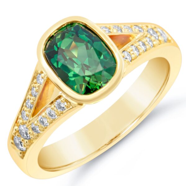 Split Shank Australian Green Parti Sapphire and Diamond Ring in Yellow Gold by World Treasure Designs