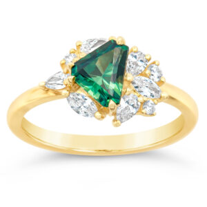 Tri-Cut Australian Green Mint Parti Sapphire Ring with Diamonds in Yellow Gold by World Treasure Designs
