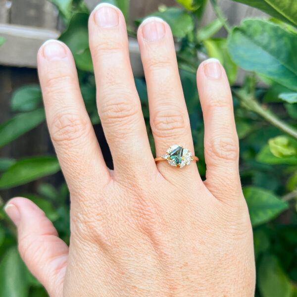 Trilliant Cut Australian Mint-Green Parti Sapphire Ring with Diamonds in Yellow Gold by World Treasure Designs