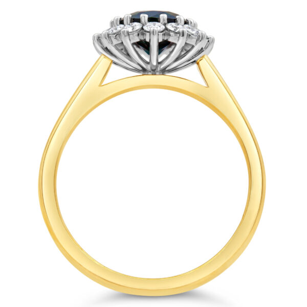 Australian Blue Sapphire Oval Ring with Diamond Halo in Yellow and White Gold by World Treasure Designs