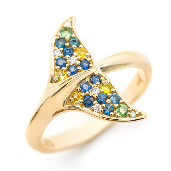 Multi-Sapphire and Diamond Whale Tail Ring in Yellow Gold by World Treasure Designs