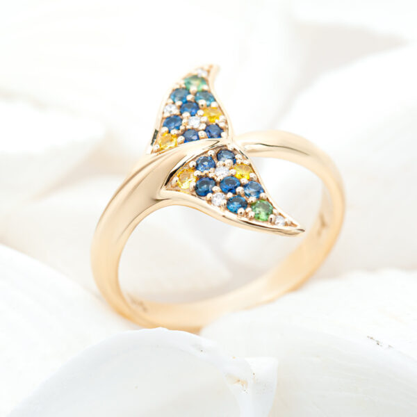 Sapphire Fluke Ring with Multicoloured Sapphires and Diamonds in Yellow Gold by World Treasure Designs