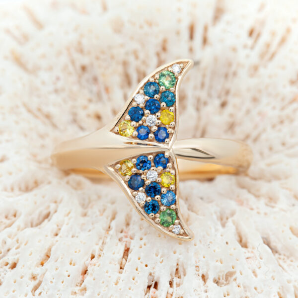 Sapphire Fluke Ring with Multi-Coloured Sapphires and Diamonds Set into Nala's Whale Tail Ring in Yellow Gold by World Treasure Designs