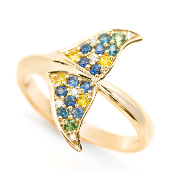 Whale Tail Ring with Sapphires and Diamonds in Yellow Gold by World Treasure Designs